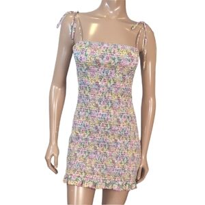 Storia Pastel Floral Mini Dress Smocked Ruffled Tie Shoulder Womens Size Medium